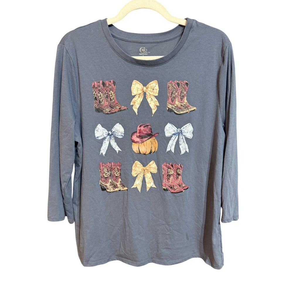 Adorable Cowgirl‎ Coquette Western Pumpkin Country Casual  Blue Tee Shirt sz L